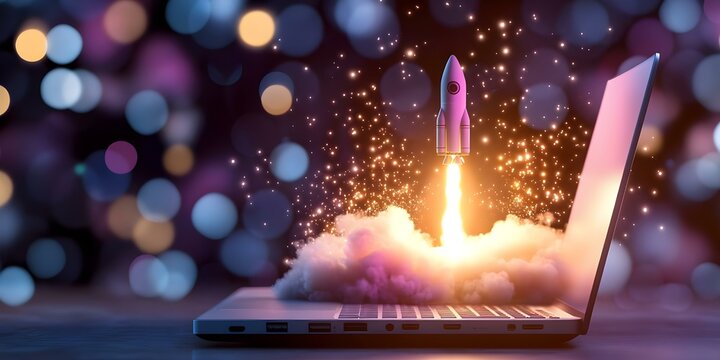 A laptop with a rocket launching out of it, surrounded by colorful bokeh and sparkles, symbolizing innovation and ideas. Concept Laptop and Rocket Launch, Symbol of Innovation