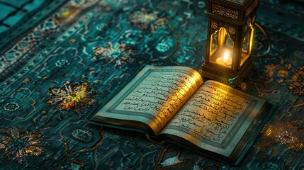 An open book rests on a decorative rug beside a glowing lantern, evoking a serene atmosphere.