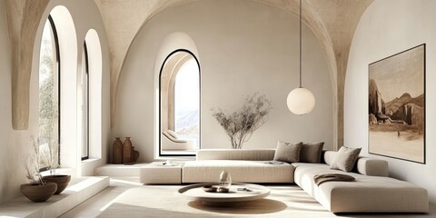 Minimalist Mediterranean interior, arched doorways, beige walls, natural light, cozy living room, earth tones, potted plant, woven rug, textured throw pillows, abstract wall art, curved sofa, ceramic 