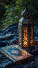 A beautifully lit lantern beside an ornate book on a patterned fabric, evoking a serene atmosphere.