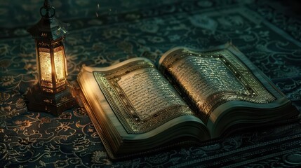 An open book with illuminated pages beside a lantern, set on an ornate textile background.