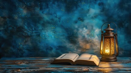 A serene scene featuring an open book beside a glowing lantern on a rustic table.
