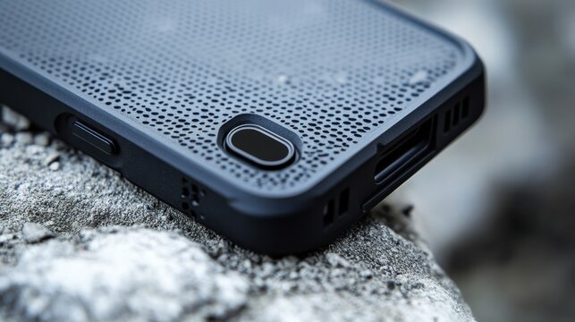 Close-up of a Black Phone Case on Rough Surface