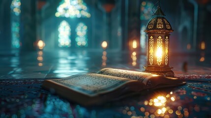 An open book beside a glowing lantern in a serene, illuminated space.
