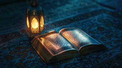An illuminated Quran rests on a decorative surface beside a glowing lantern.