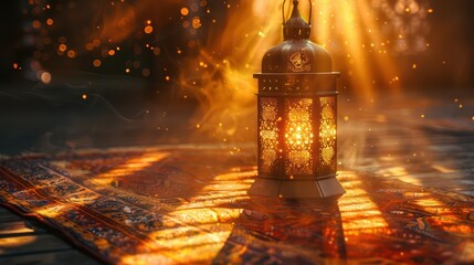 A decorative lantern casting warm light on an ornate rug, creating a cozy atmosphere.