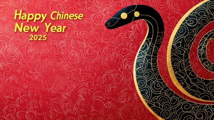 Obraz premium Chinese New Year 2025, A vibrant red background with intricate gold patterns features a stylized black snake, celebrating the Chinese New Year 2025.