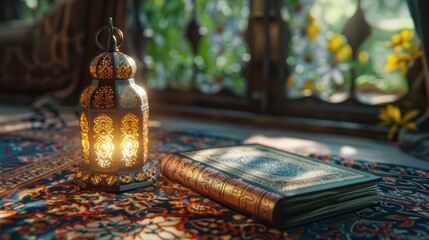 A decorative lantern beside an ornate book on a colorful rug, creating a cozy atmosphere.