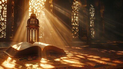 A serene scene with a book and lantern, illuminated by soft rays of light.