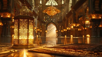 A beautifully illuminated interior with ornate lanterns and a richly patterned rug.