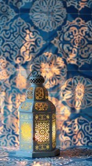 A decorative lantern casting intricate shadows against a patterned blue backdrop.