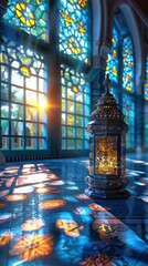 A beautifully lit interior with colorful stained glass and a decorative lantern casting shadows.