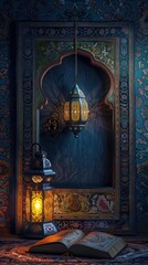 A cozy, ornate nook featuring lanterns and an open book, evoking a serene atmosphere.