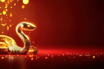 Chinese New Year 2025, A shimmering golden snake rests on a vibrant red background, surrounded by glowing particles, creating a magical and captivating atmosphere.