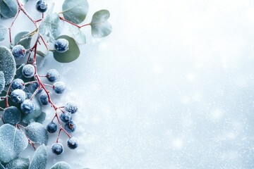 Frost-covered eucalyptus branches with dark berries, a winter scene. © Thimira