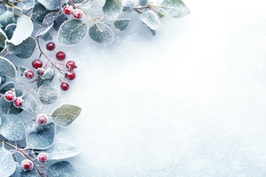 Snow-covered eucalyptus branch with red berries, winter scene, festive background.