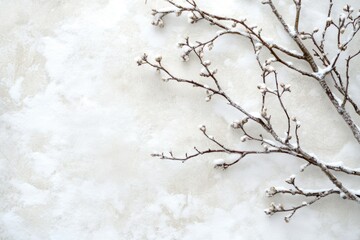 Snow-covered branches with buds rest on a light beige surface, creating a serene winter scene.