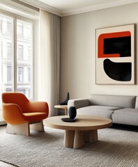 Modern minimalist living room, abstract geometric artwork, orange accent chair, gray sofa, wooden coffee table, neutral tones, clean lines, sleek design, uncluttered space, contemporary interior, brig