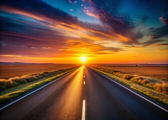 Naklejka premium Minimalist Highway Sunset: Lone Road at Dusk, Golden Hour Landscape