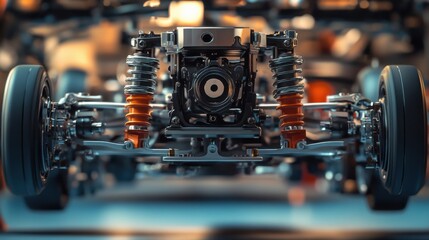 Fototapeta premium A detailed view of a car's fully assembled chassis and suspension, showcasing the intricate parts like struts, bushings, and axle for smooth performance.