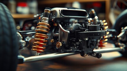 Fototapeta premium A detailed view of a car's fully assembled chassis and suspension, showcasing the intricate parts like struts, bushings, and axle for smooth performance.
