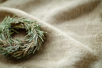 A small frosted evergreen wreath rests on a textured burlap background, evoking a rustic winter...