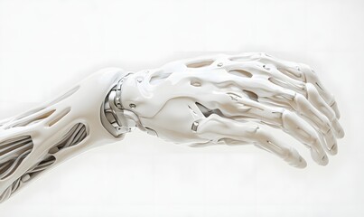 Close-up of a robotic hand, white, futuristic design.