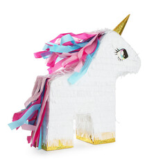 Colorful unicorn shaped pinata isolated on white © New Africa