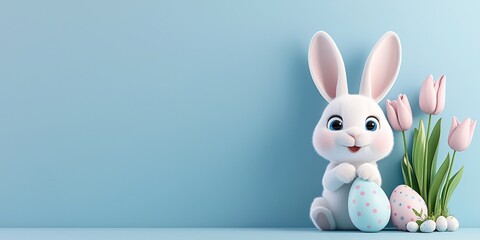 Obraz premium A cute, pastel-colored bunny holding an egg, accompanied by pink tulips, ideal for Easter or spring-themed decorations.