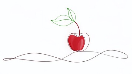 Minimalist Line Art Cherry: Single Berry with Leaf, Bright Accent Spots