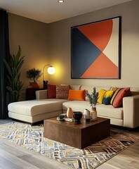 Modern living room, minimalist interior design, colorful abstract artwork, beige sofa, vibrant throw pillows, round coffee table, potted plant, large window, neutral walls, geometric patterns, mid-cen