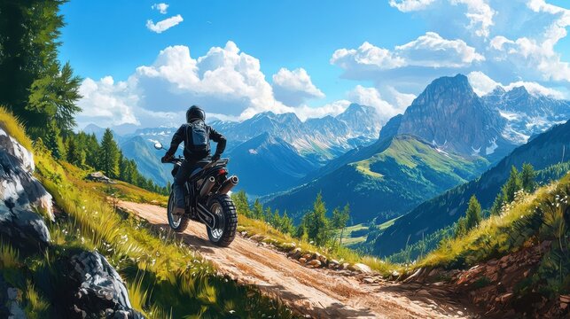 A motorcyclist riding on a dirt path high in the mountains, with majestic views of distant peaks and valleys, showcasing the adventure of mountain exploration.