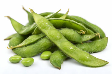 Fresh Edamame Pods and Soybeans on White Background