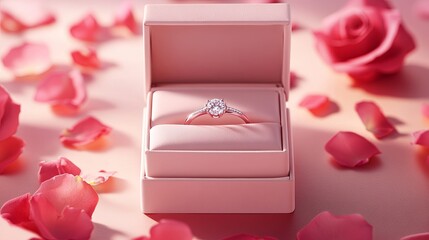 A sparkling diamond ring displayed in an elegant box surrounded by rose petals