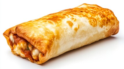 Close Up of a Delicious Chimichanga - A crispy, golden-brown chimichanga, filled with savory goodness, sits invitingly on a pristine white background. It symbolizes comfort food, Mexican cuisine, deli