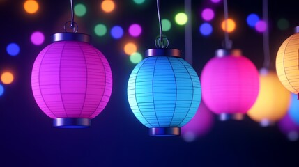 Obraz premium Colorful Lanterns Glow in the Dark - Festive, glowing paper lanterns illuminate a dark space, symbolizing celebration, hope, light, joy, and togetherness.