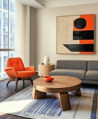 Modern minimalist living room, abstract geometric artwork, orange accent chair, gray sofa, wooden coffee table, neutral tones, clean lines, sleek design, uncluttered space, contemporary interior, brig