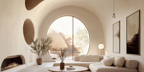 Minimalist Mediterranean interior, arched doorways, beige walls, natural light, cozy living room, earth tones, potted plant, woven rug, textured throw pillows, abstract wall art, curved sofa, ceramic 