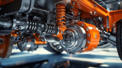 Obraz premium A professional shot of a car's full underbody, featuring the suspension system, drive shafts, and differential, illustrating robust support for efficient driving.