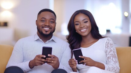 smiling couple sitting on sofa, man holding smartphone in his hands