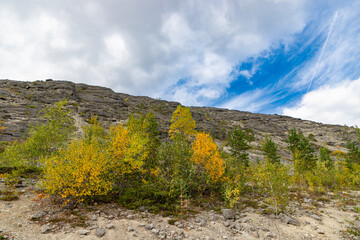 View to Khibiny mountains near Mannepakhp river. Early autumn in arctic tundra region. Kola peninsula, Murmansk region, Russia.