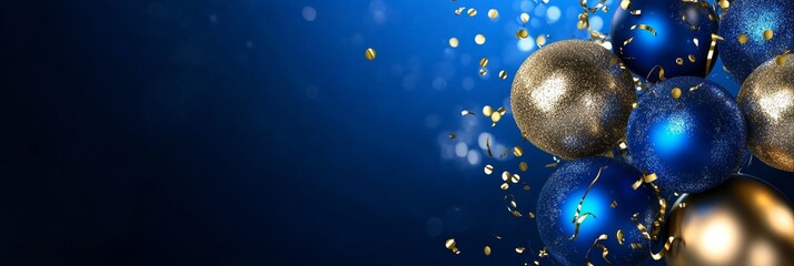 Elegant Blue and Gold Balloon Celebration - Festive blue and gold balloons, golden confetti, celebratory, luxurious, joyful.  Symbolizing celebration, success, elegance, luxury, and joy.