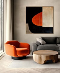 Modern minimalist living room, abstract geometric artwork, orange accent chair, gray sofa, wooden coffee table, neutral tones, clean lines, sleek design, uncluttered space, contemporary interior, brig