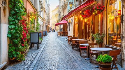 Fototapeta premium Cobblestone street cafe, European city, evening ambiance, tourists strolling, travel brochure.