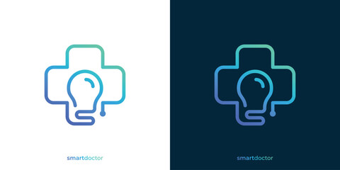 Creative Smart Doctor Logo. Cross Health and Lamp Lightbulb Icon Graphic. Medical Logo Design Template.