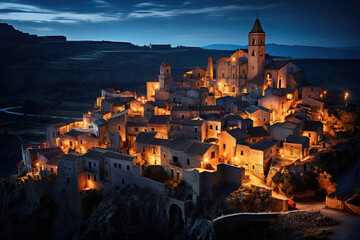 Fototapeta premium Wonderful Hite washed Houses and Windmill on Cliffs with Sea View at Night