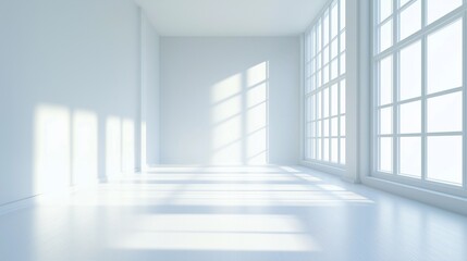 Fototapeta premium Minimalistic white room. Sun rays. Cleanliness. Paradise. Background.