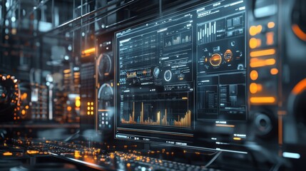 Obraz premium Complex digital interface displaying real time data and analytics for efficient management and automation in advanced manufacturing environment, enhancing productivity and optimizing workflows