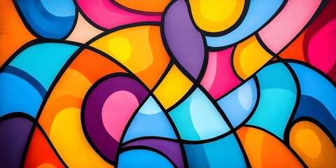 Obraz premium A vibrant abstract mural featuring intertwined shapes in bright colors like orange, pink, yellow, and blue. Concept Vibrant Abstract Mural, Intertwined Shapes, Bright Color Palette