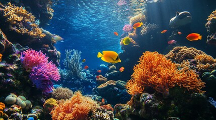 Naklejka premium Vibrant coral reef teeming with colorful fish.